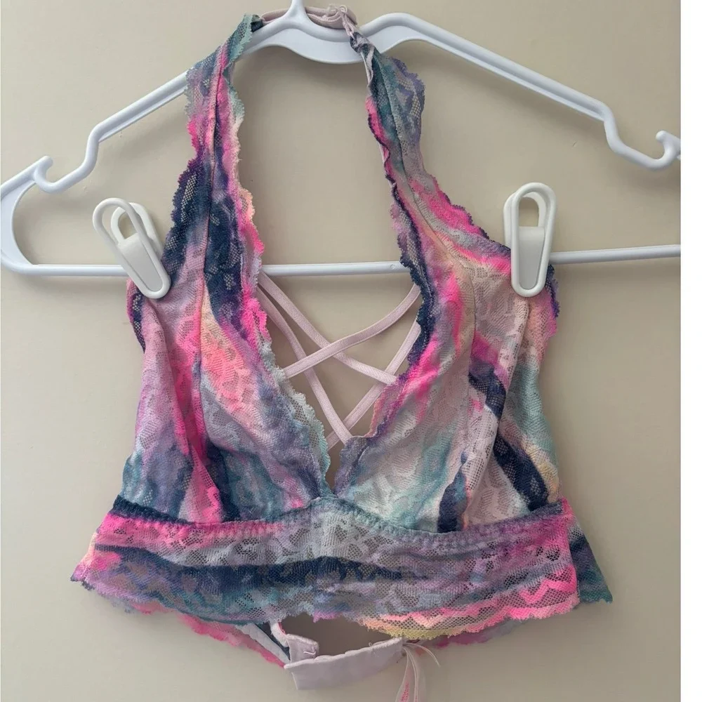 Victorias‎ Secret PINK Lace Halter Bralette Tie Dye Pink Blue XS